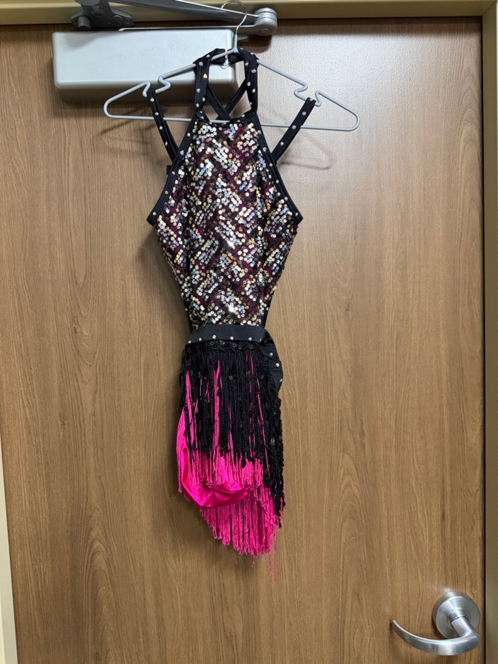 Weissman Black Sequin Dance Costume with Hot Pink Fringe